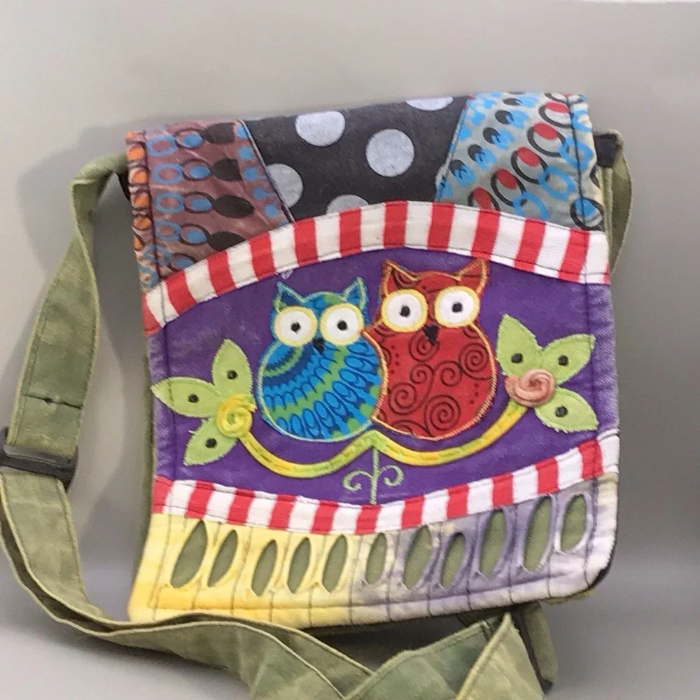 Rising‎ International Multicolored Patchwork Owl Crossbody Bag Purse Adj Strap